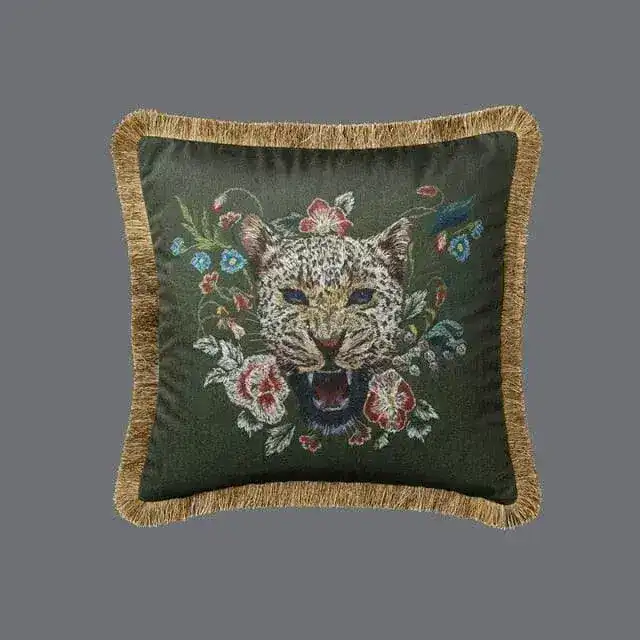 Roaring Leopard Floral Velvet Throw Cushion Cover with Fringe - Image 10