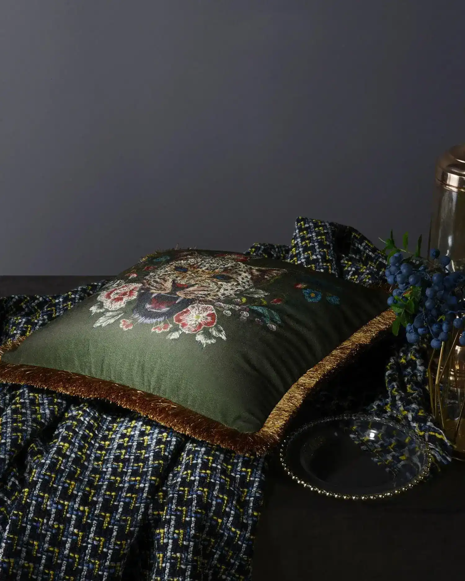 Roaring Leopard Floral Velvet Throw Cushion Cover with Fringe - Image 3