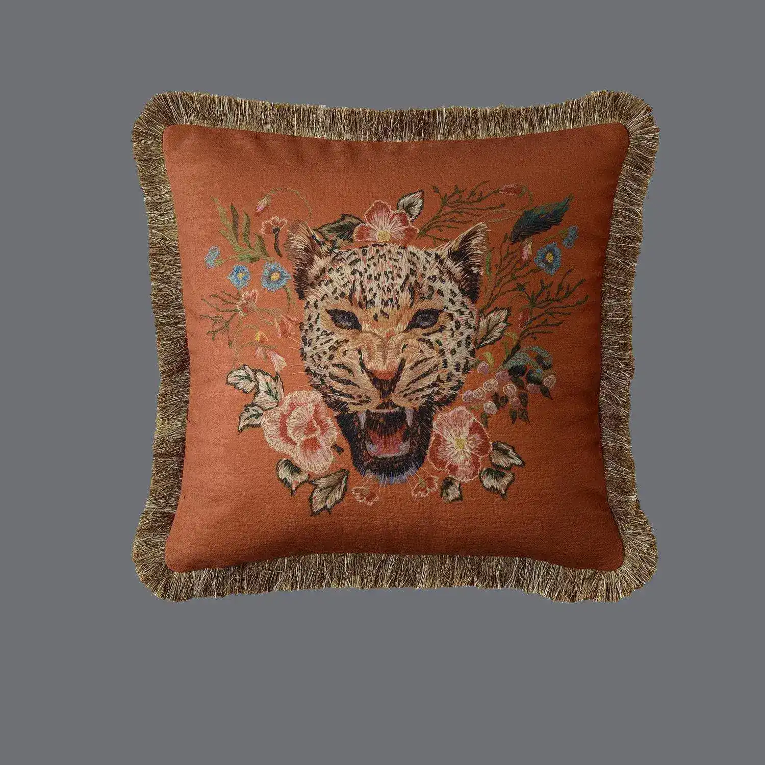 Roaring Leopard Floral Velvet Throw Cushion Cover with Fringe - Image 4