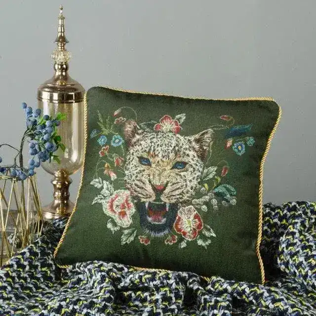 Roaring Leopard Floral Velvet Throw Cushion Cover with Fringe - Image 8