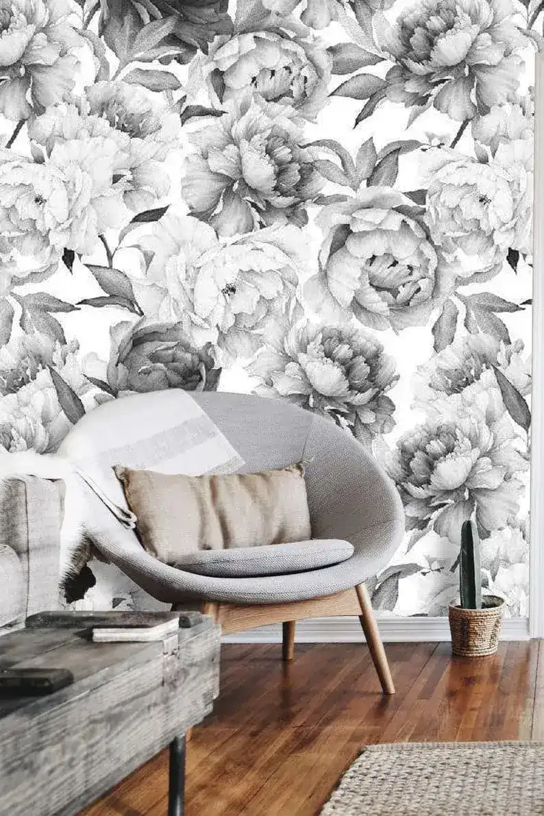 Romantic Gray Oversized Peony Wallpaper - Image 3