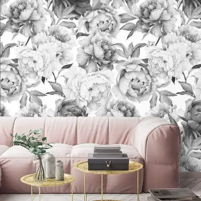 Romantic Gray Oversized Peony Wallpaper - Image 4