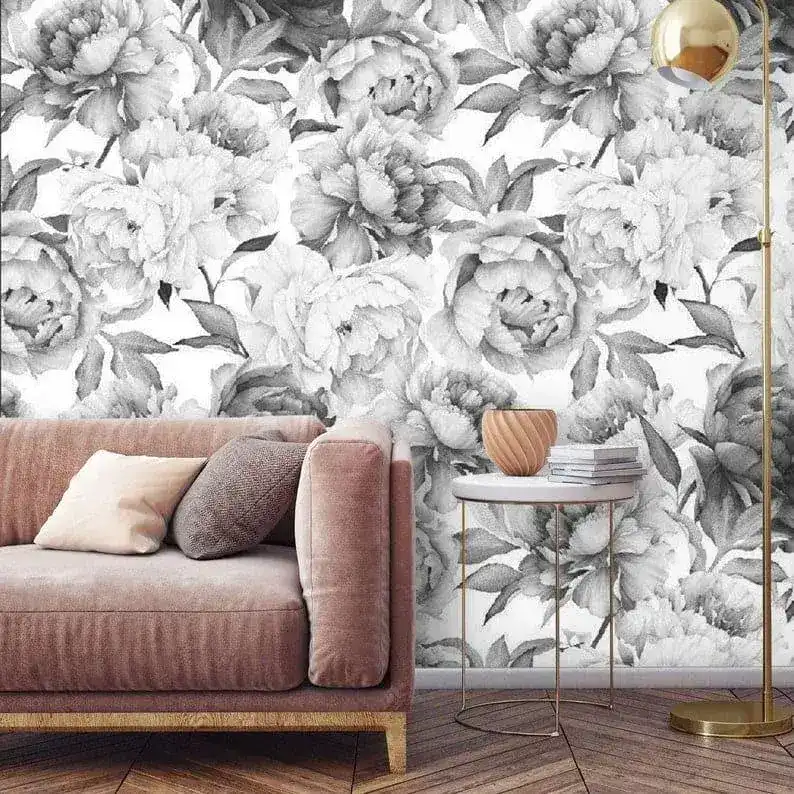 Romantic Gray Oversized Peony Wallpaper - Image 7