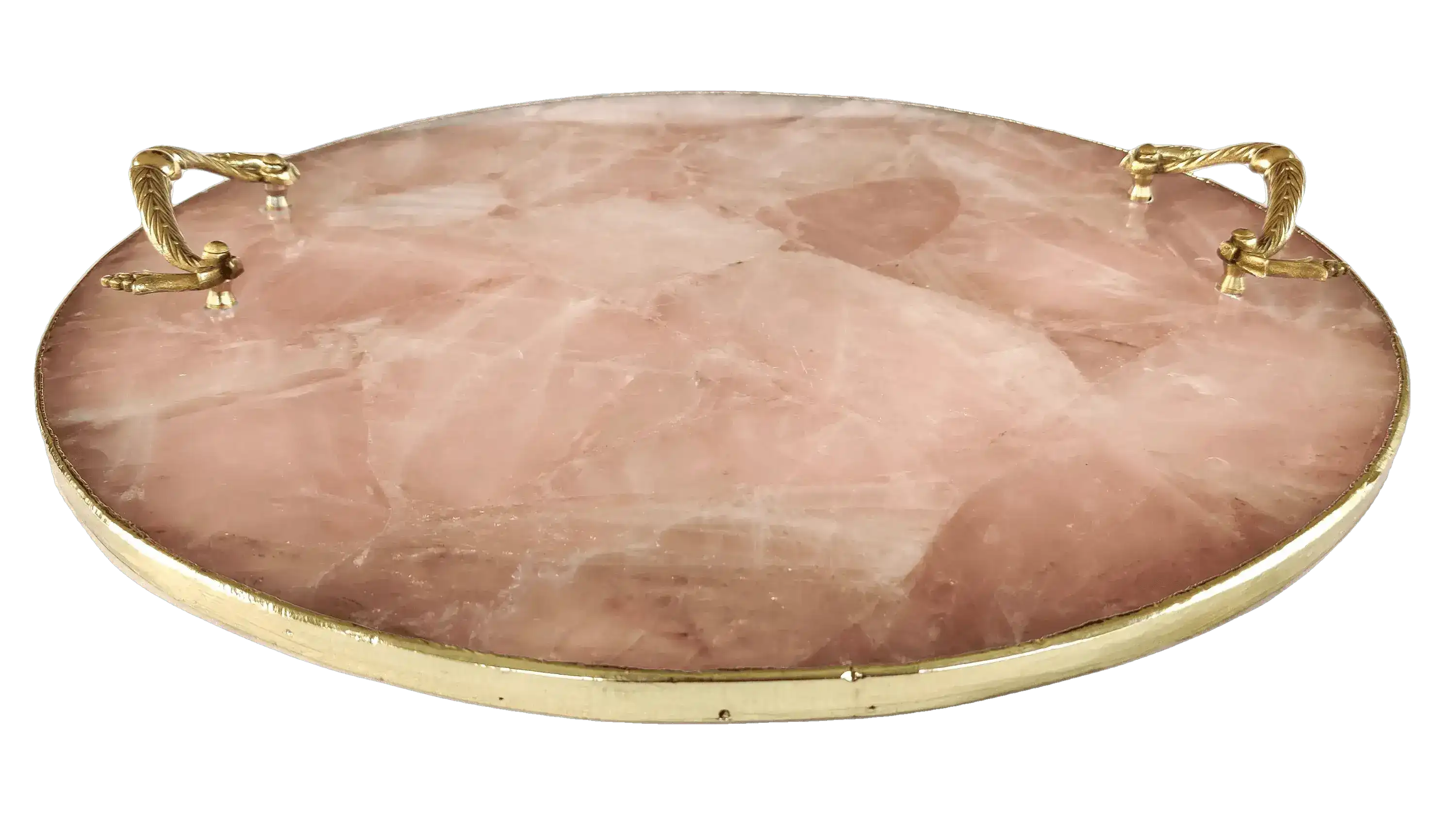 Rose Quartz Agate Round Serving Tray With Brass Handles - Image 4