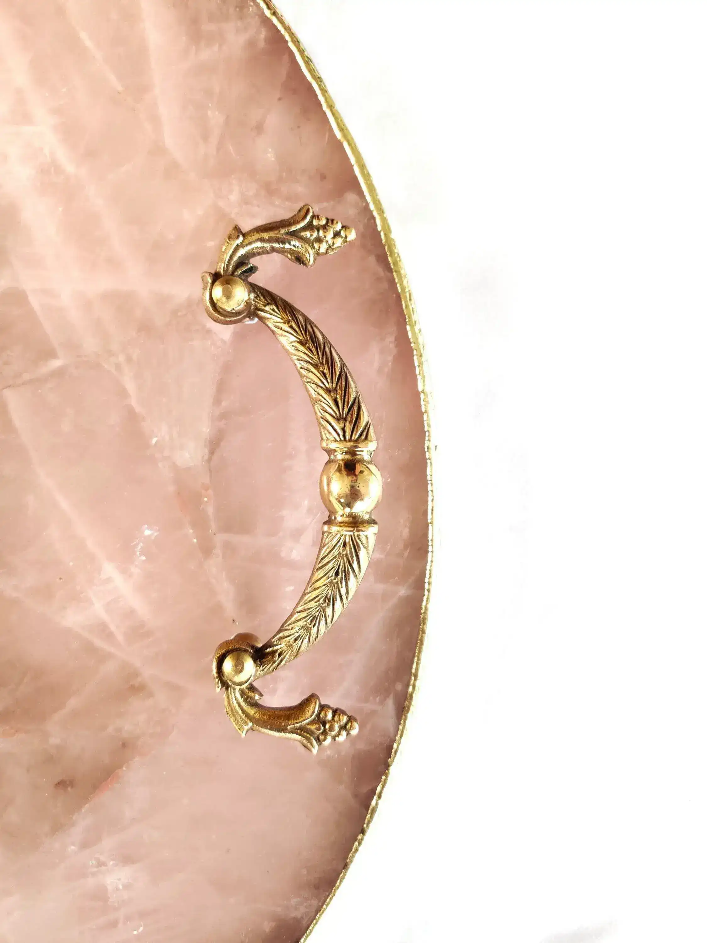 Rose Quartz Agate Round Serving Tray With Brass Handles - Image 5