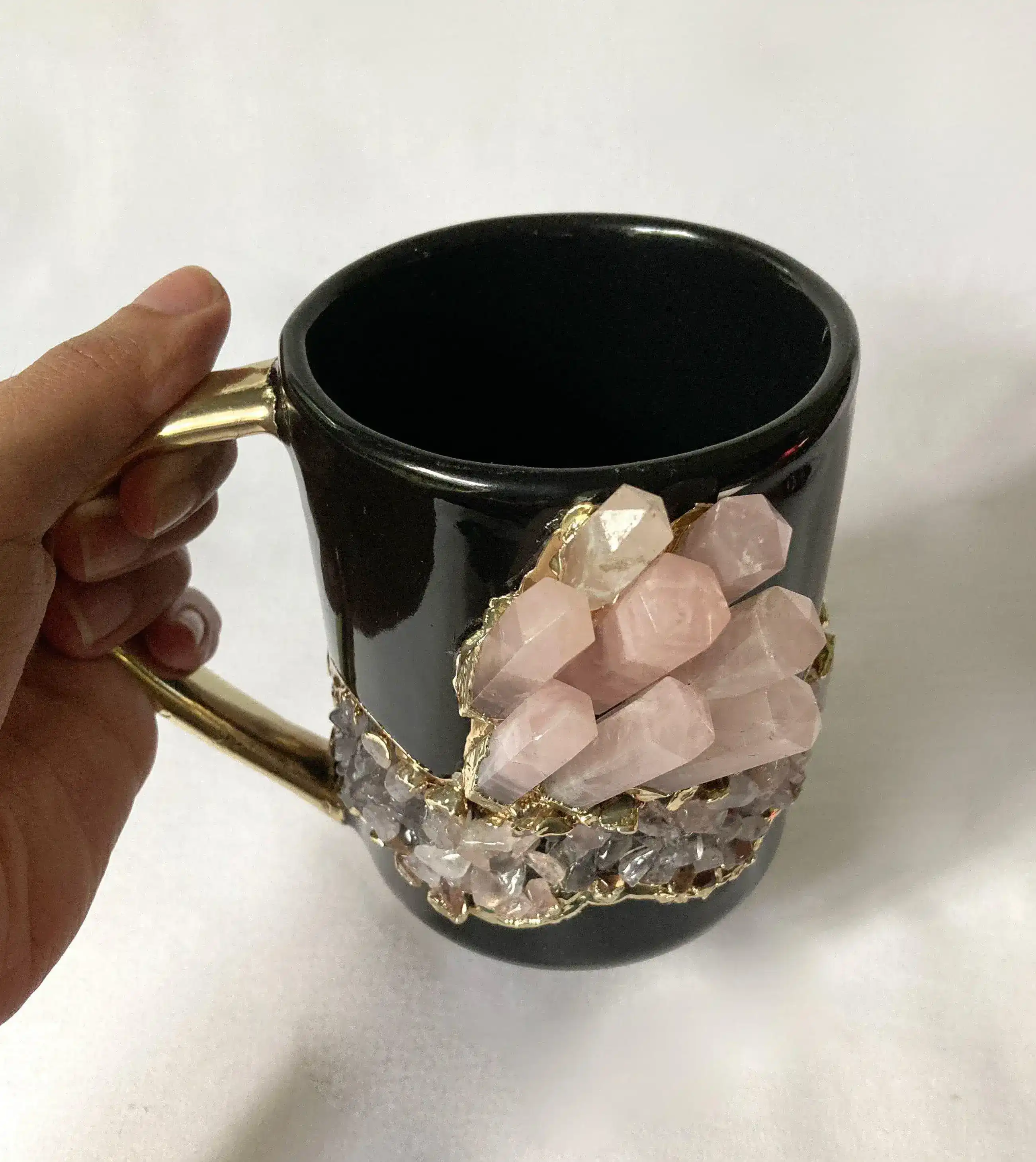 Rose Quartz Crystal Black Ceramic Mug with Gold Handle - Image 2