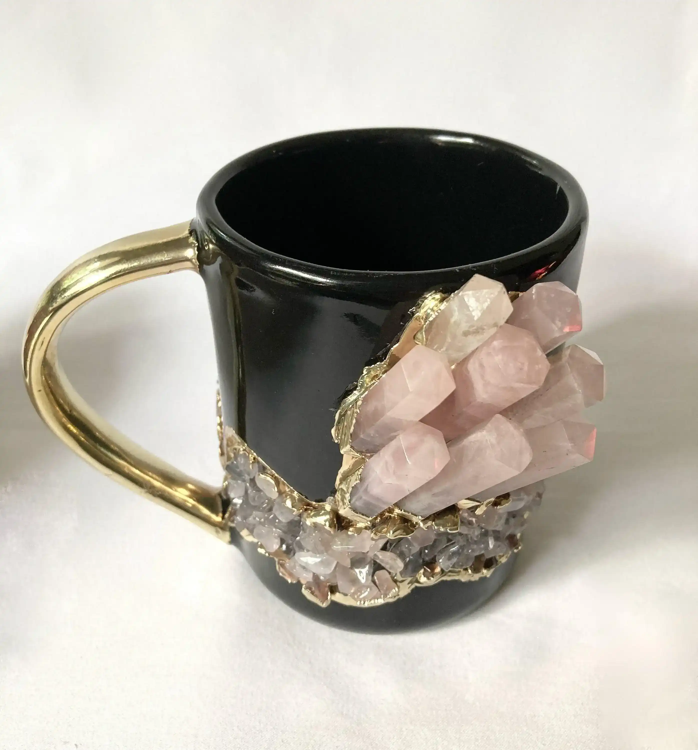 Rose Quartz Crystal Black Ceramic Mug with Gold Handle - Image 3