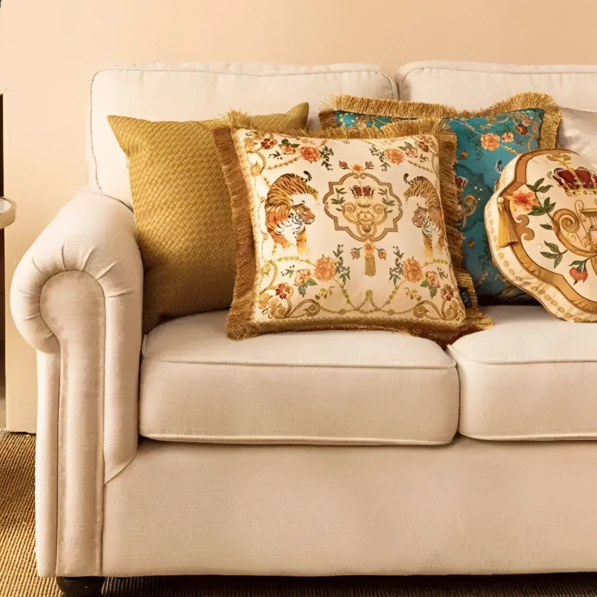 Rosy Asian Tigers Floral Throw Pillow Cover with Golden Fringes - Image 5