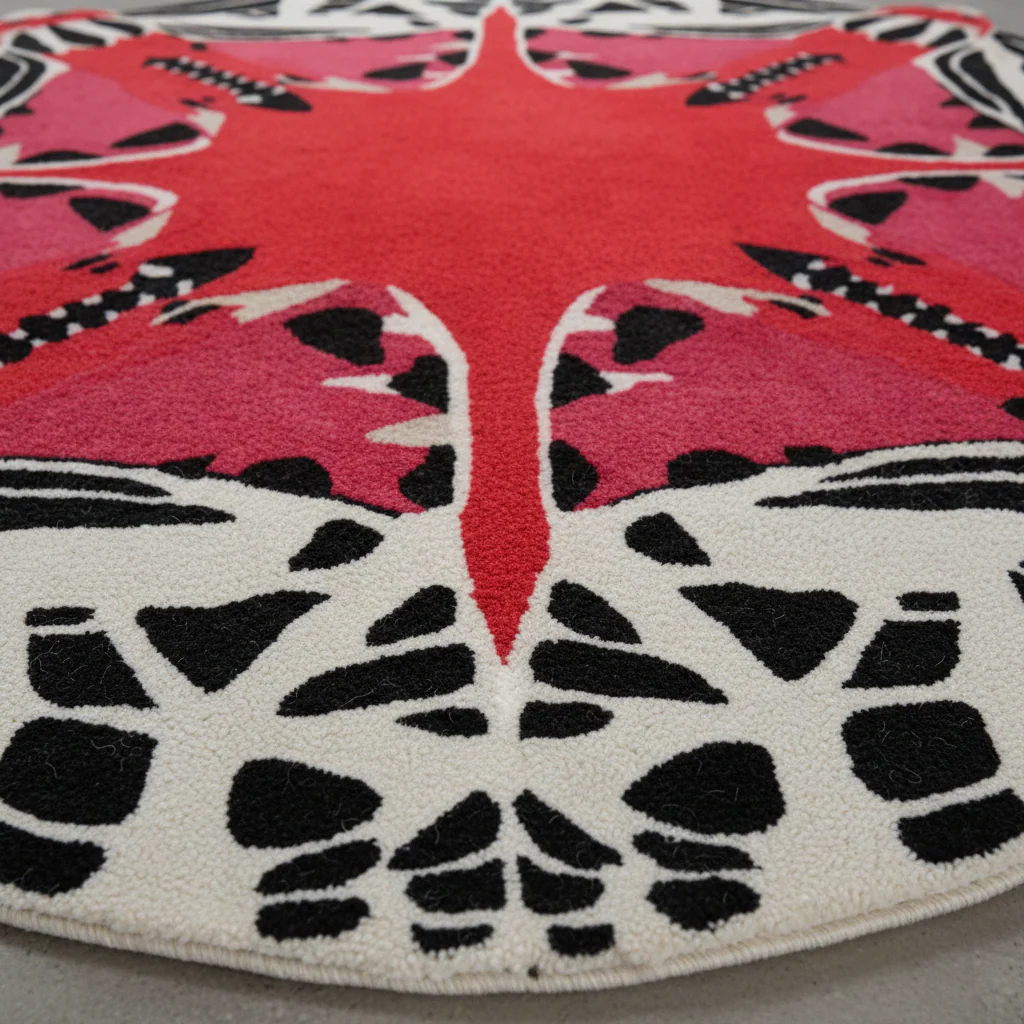 Round Abstract Butterfly Hand Tufted Rug - Red - Image 6