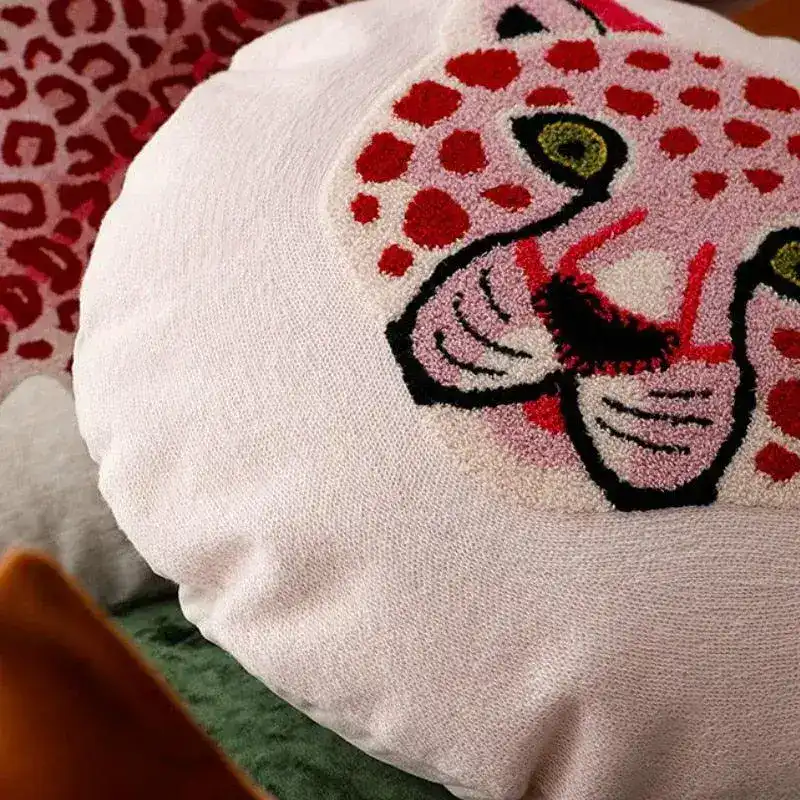 Round Jungle Leopard Tiger Embroidered Pillow Cover - Image 2