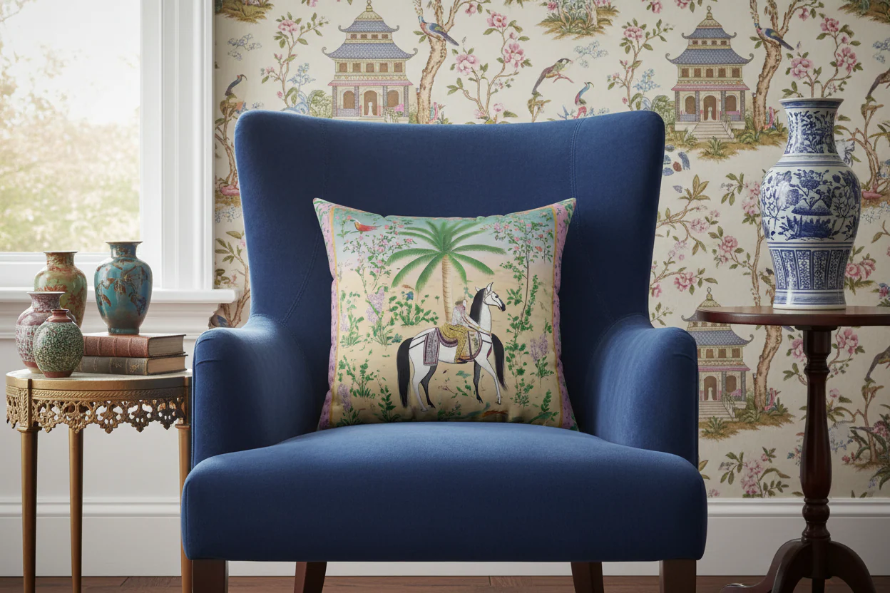 Royal Rider in Blossom Garden Throw Pillow - Image 2