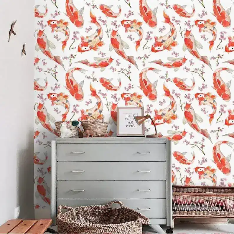 Sakura Branch and Japanese Koi Pond Fish Wallpaper - Image 4