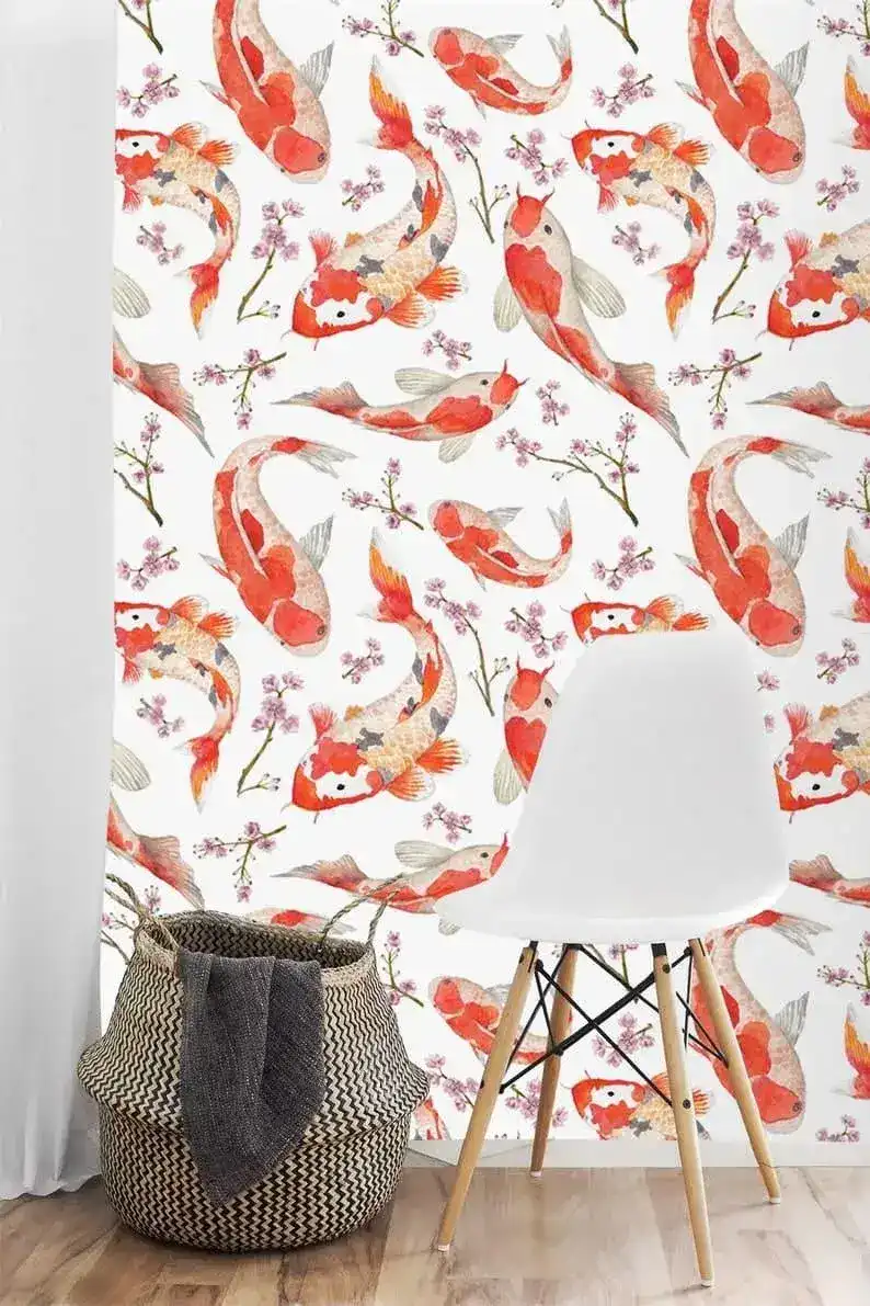 Sakura Branch and Japanese Koi Pond Fish Wallpaper - Image 5