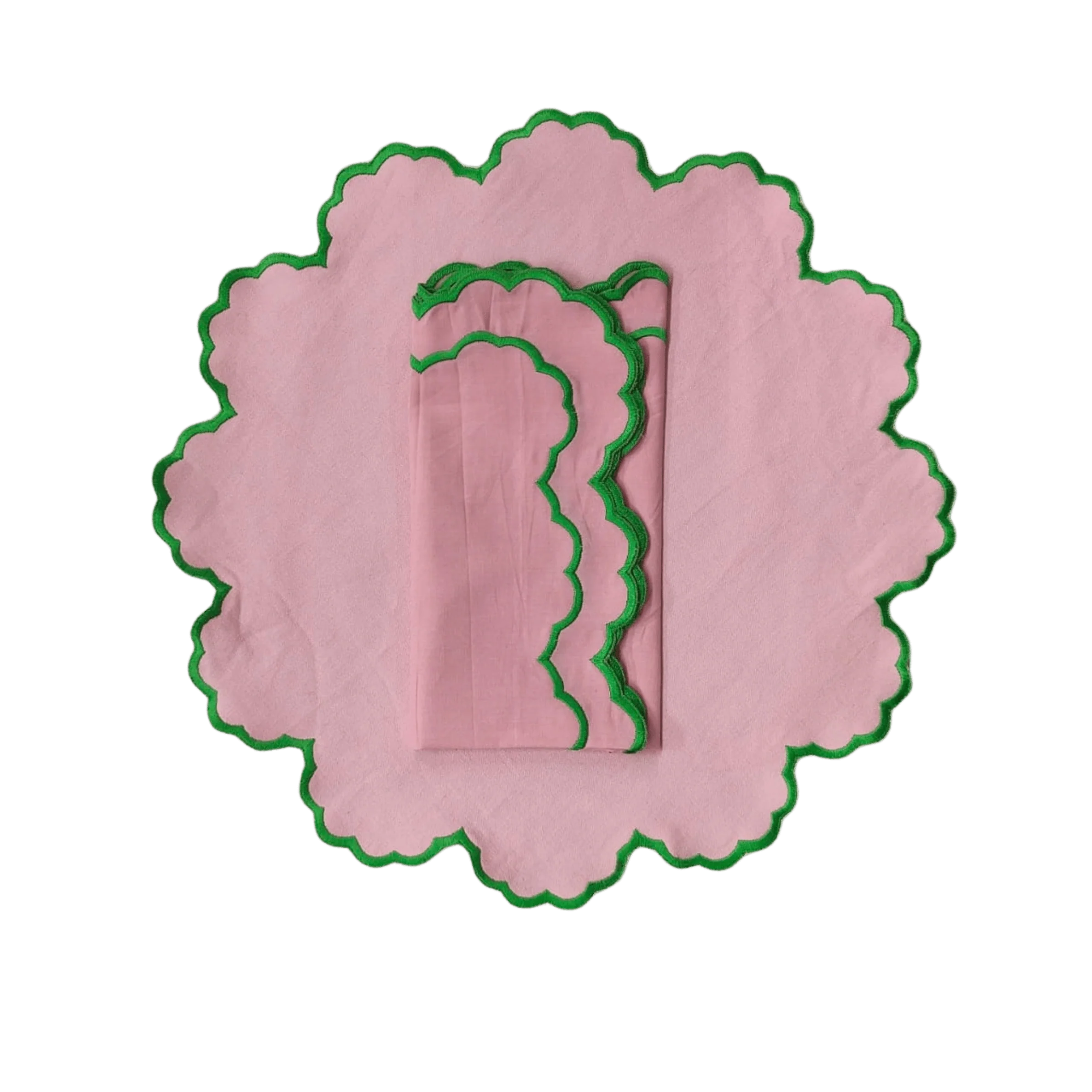 Scalloped Green and Pink Placemats + Napkins Set