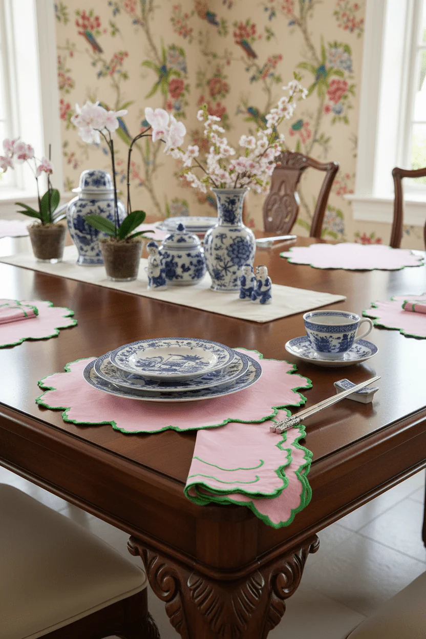 Scalloped Green and Pink Placemats + Napkins Set - Image 2