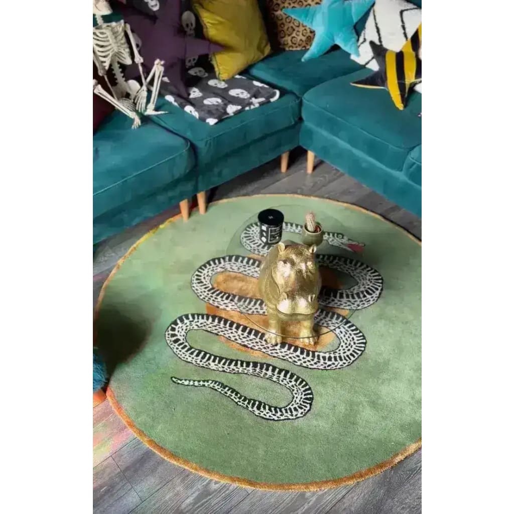 Scalloped Green Snake and Apple Round Hand Tufted Wool Rug - Image 11