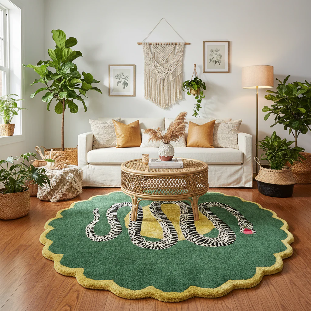 Scalloped Green Snake and Apple Round Hand Tufted Wool Rug - Image 16