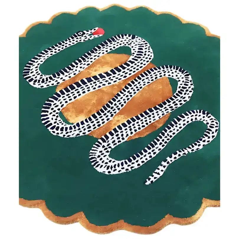 Scalloped Green Snake and Apple Round Hand Tufted Wool Rug - Dark Green - Image 5