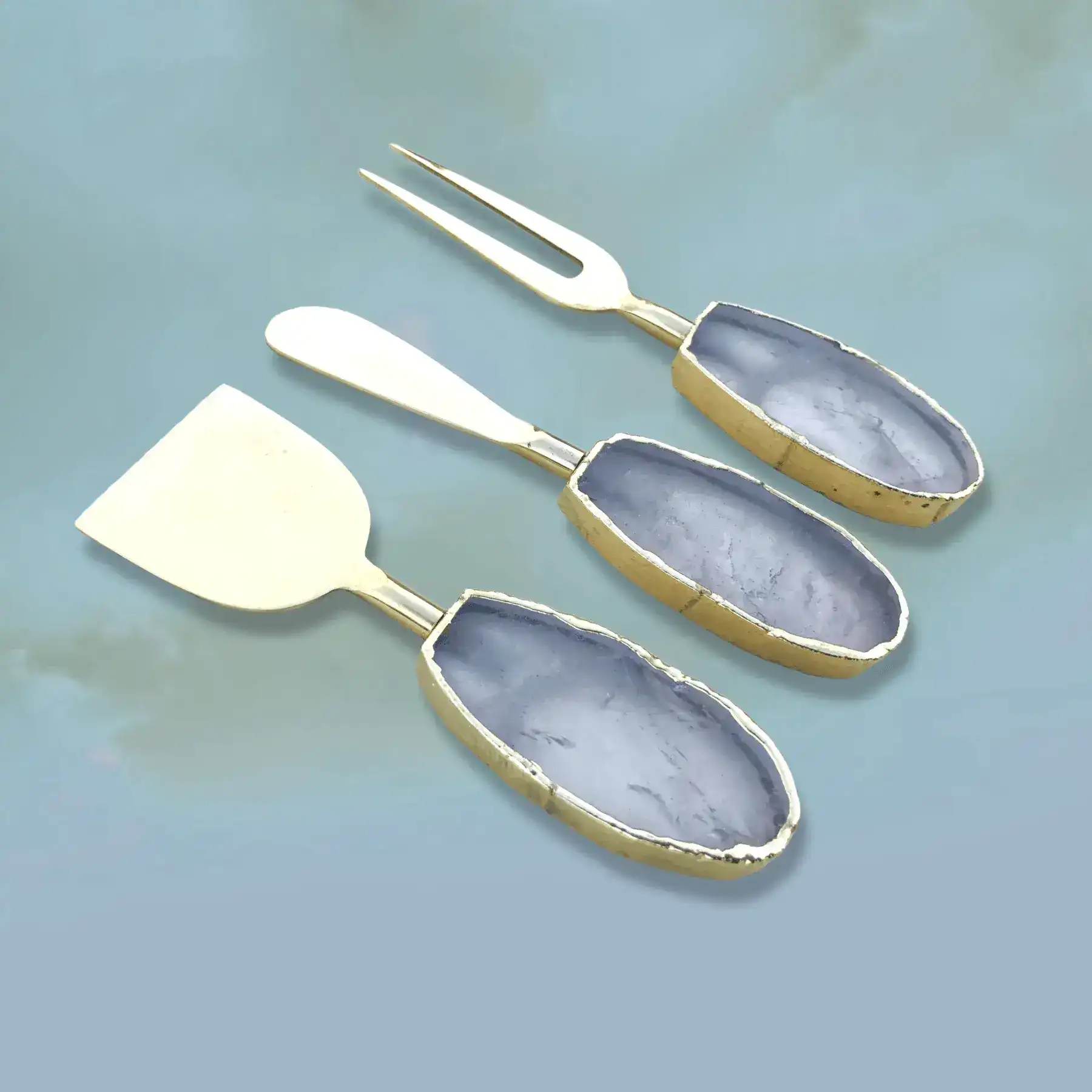 Set of 3 Agate Clear Quartz Cheese Knives Spreaders - Image 2