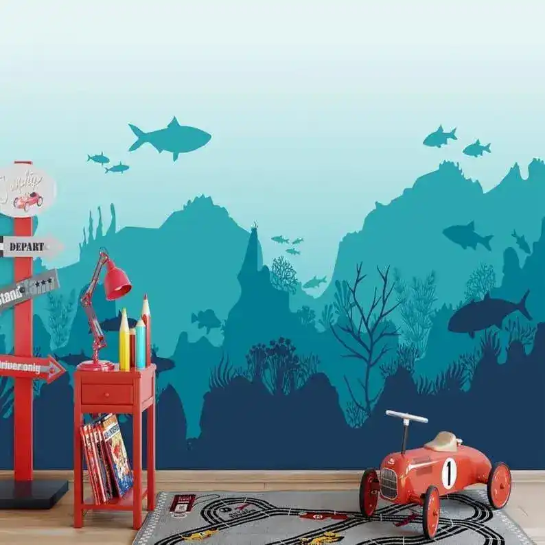 Sharks in the Blue Underwater Nursery Wall Mural - Image 4