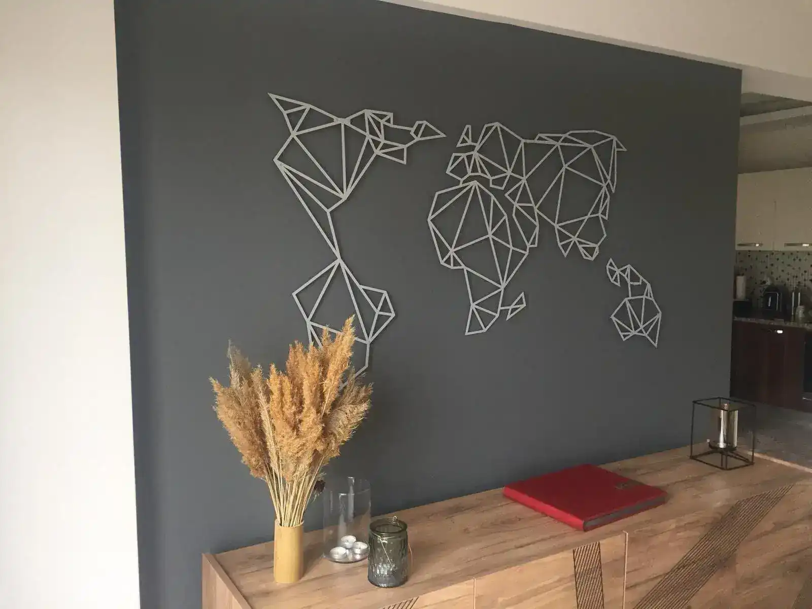 Silver Gray Geometric World Map Metal Art - Image 3