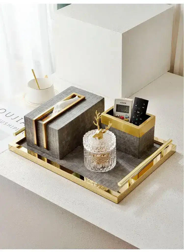 Sleek Brass and Faux Croc Leather Tissue Box - Image 9