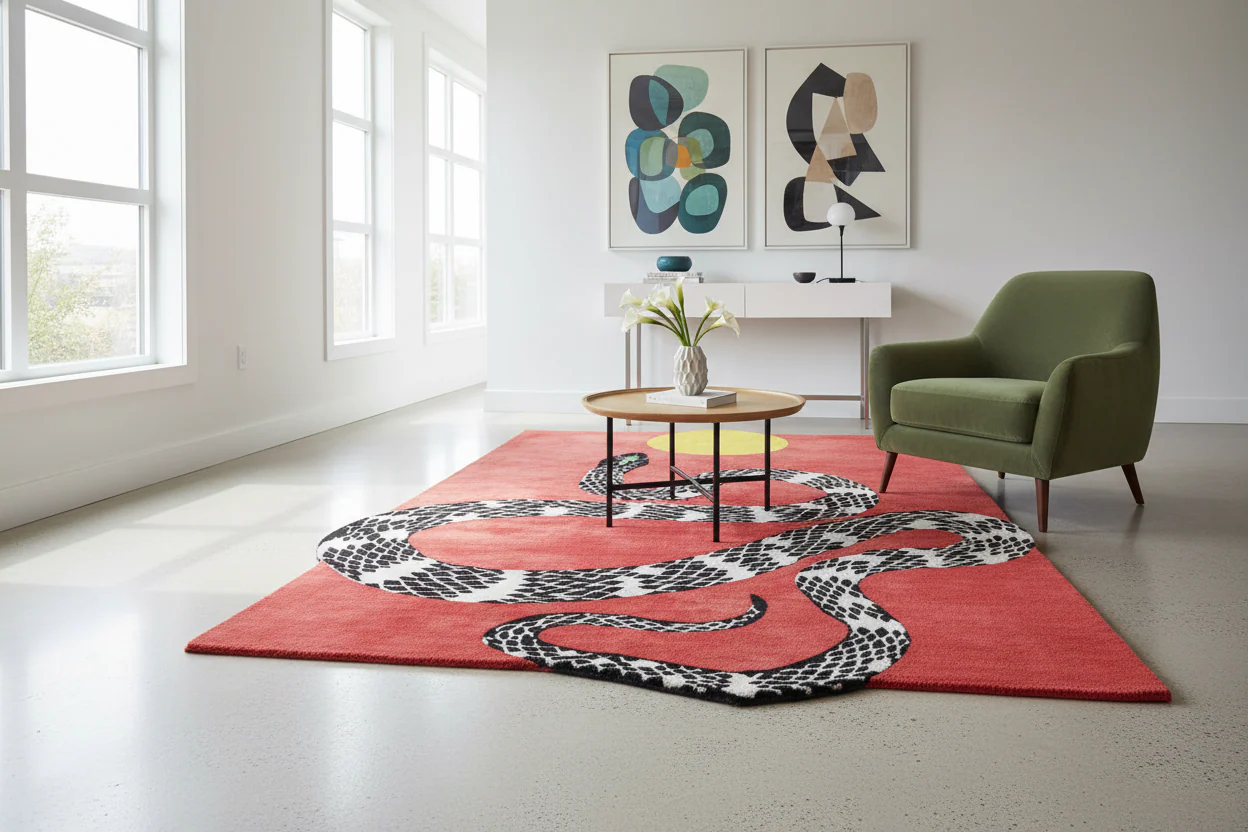 Snake and Sun Red Hand Tufted Wool Rug - Image 3