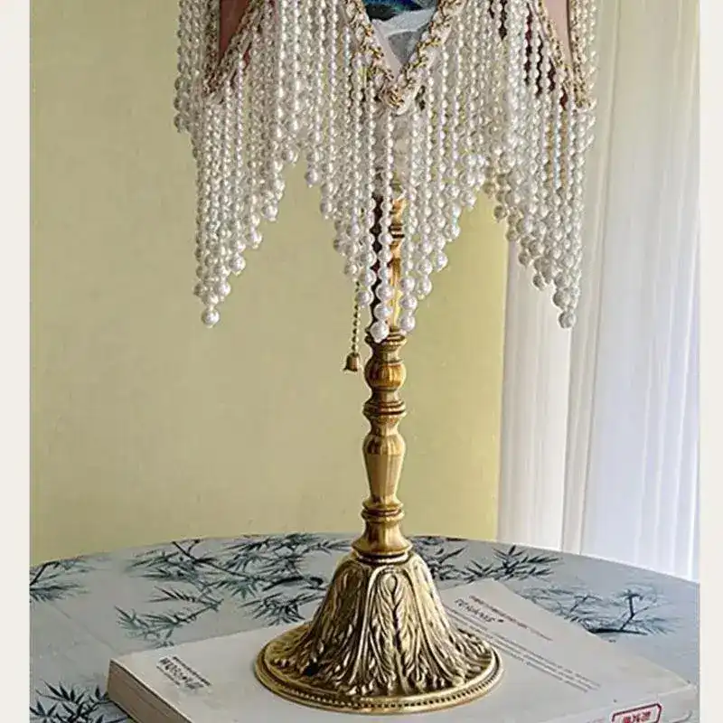 Soft Pink Crane Jacquard Lampshade with Beaded Fringe - Image 3