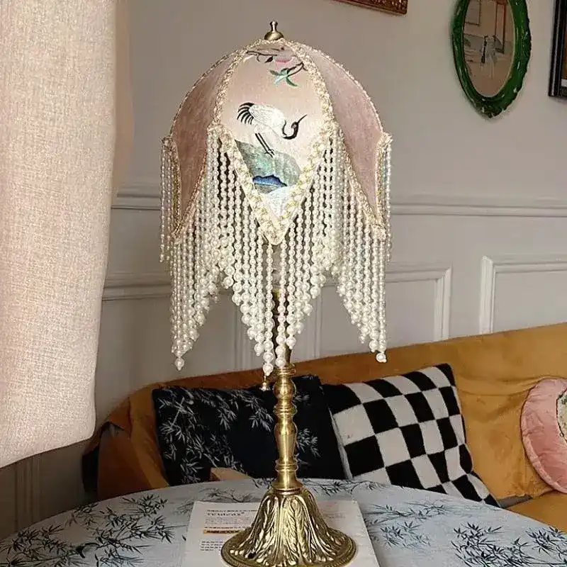 Soft Pink Crane Jacquard Lampshade with Beaded Fringe - Image 4