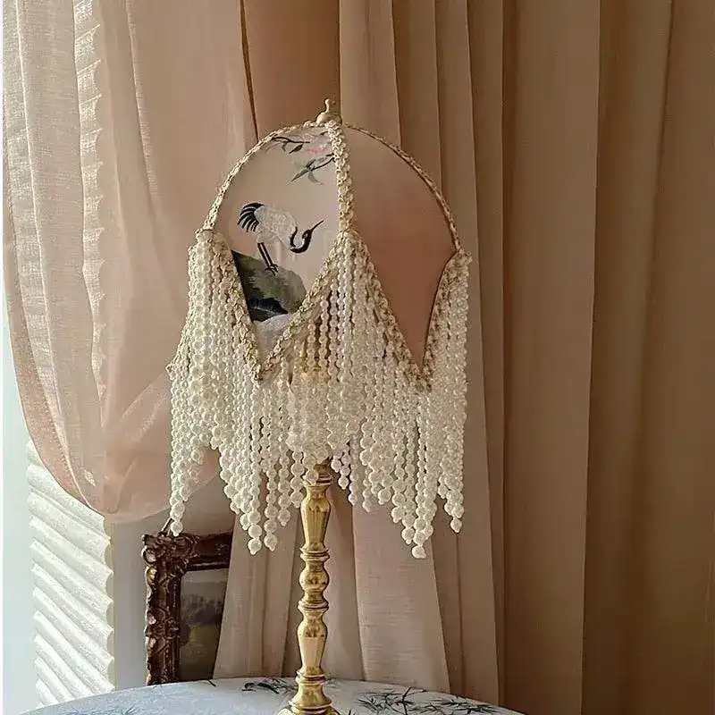 Soft Pink Crane Jacquard Lampshade with Beaded Fringe - Image 5