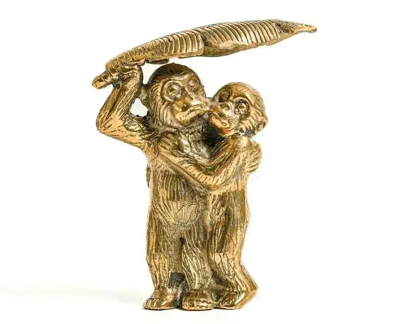 Solid Brass Two Funny Monkey Under Banana Leaf Figurine
