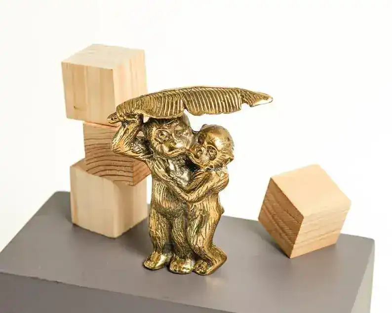Solid Brass Two Funny Monkey Under Banana Leaf Figurine - Image 6