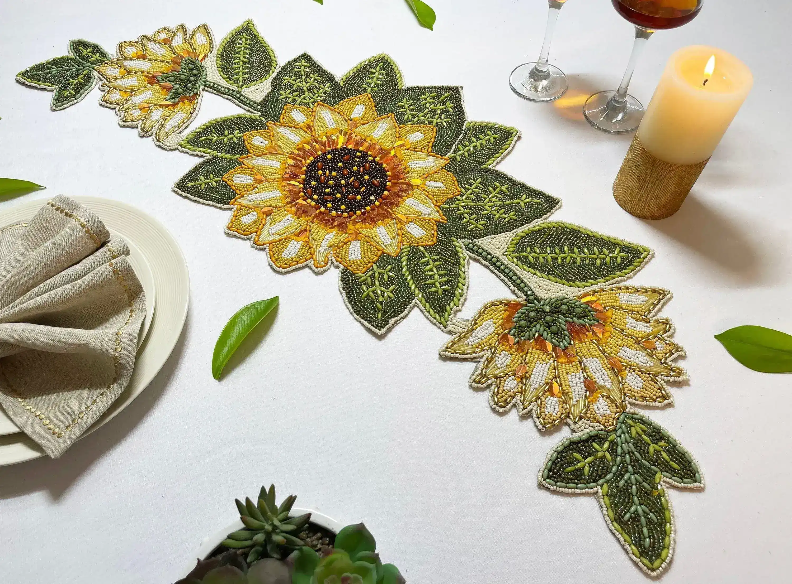 Sunflower and Leaves Beaded Table Runner - Image 4