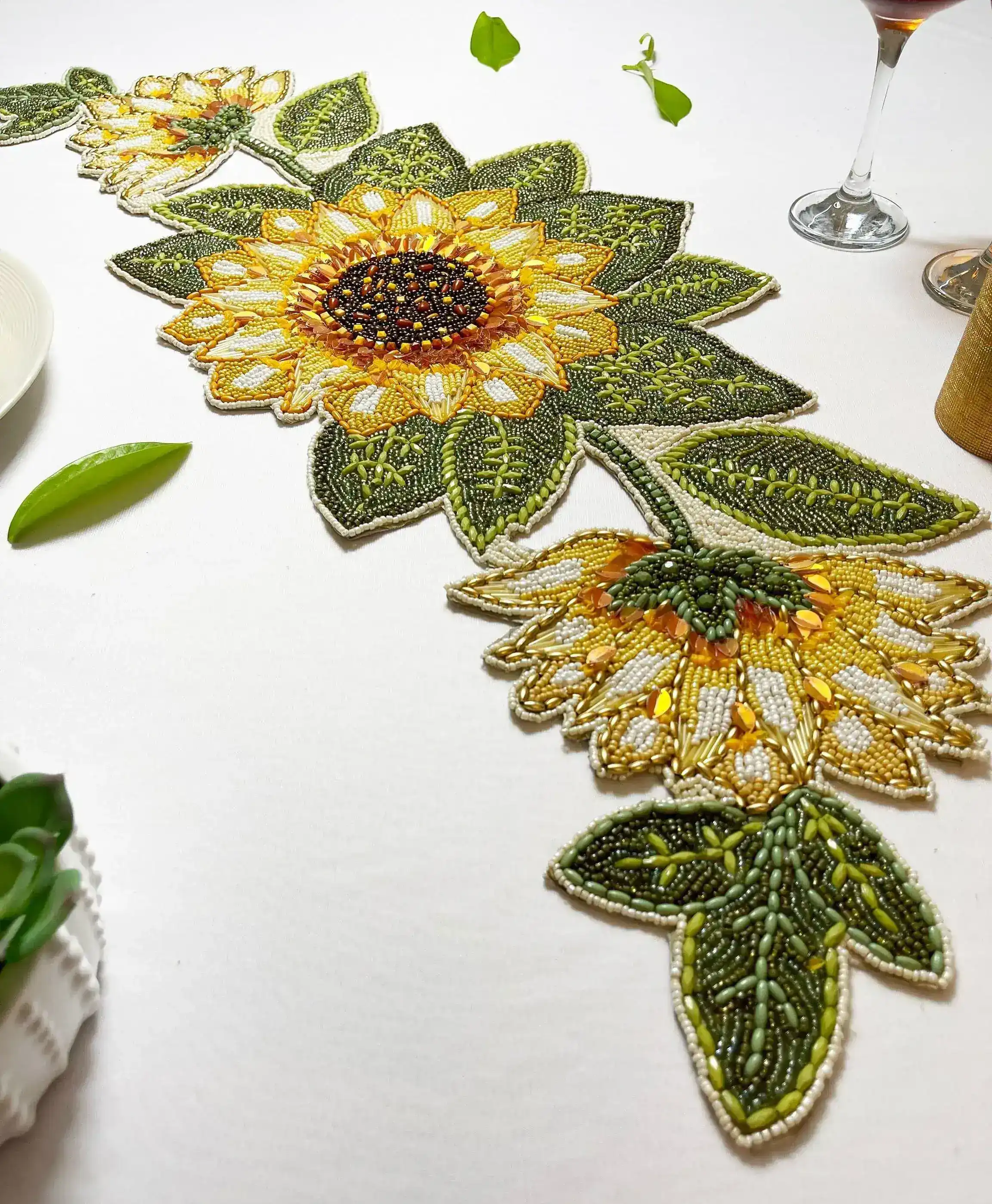Sunflower and Leaves Beaded Table Runner - Image 5