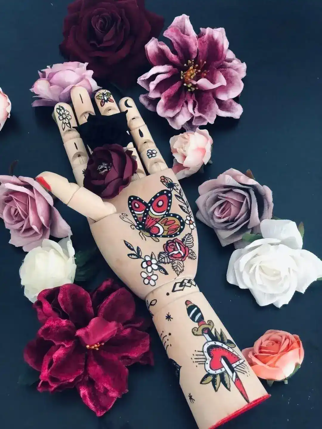 Tattooed Wooden Movable Joint Hand Decor - Image 14