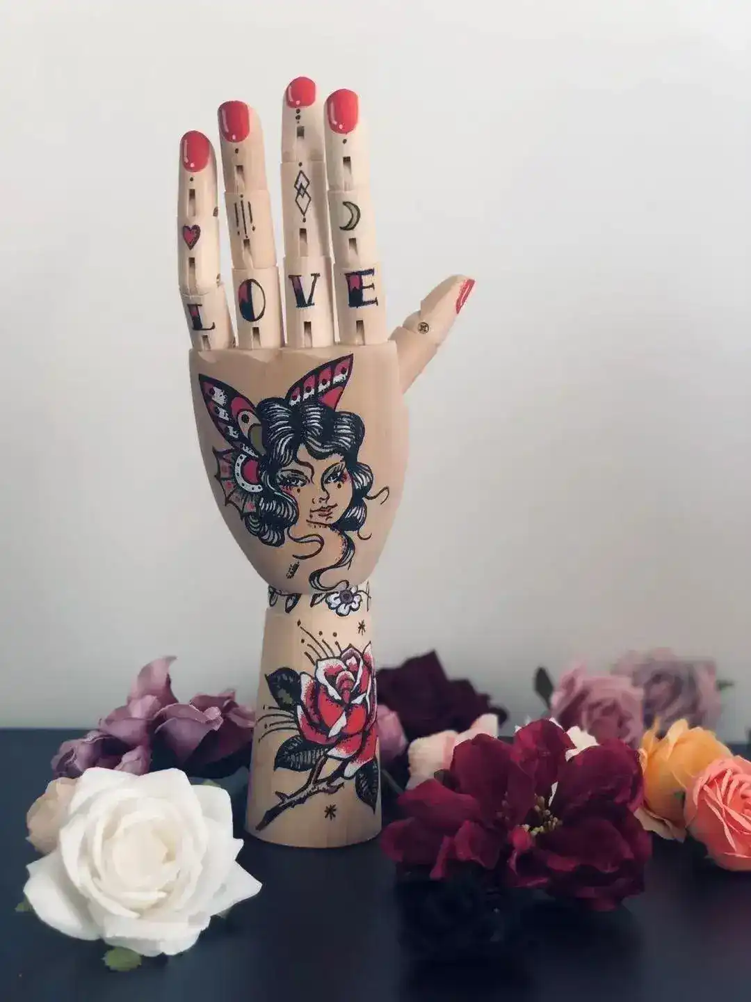 Tattooed Wooden Movable Joint Hand Decor - Image 2