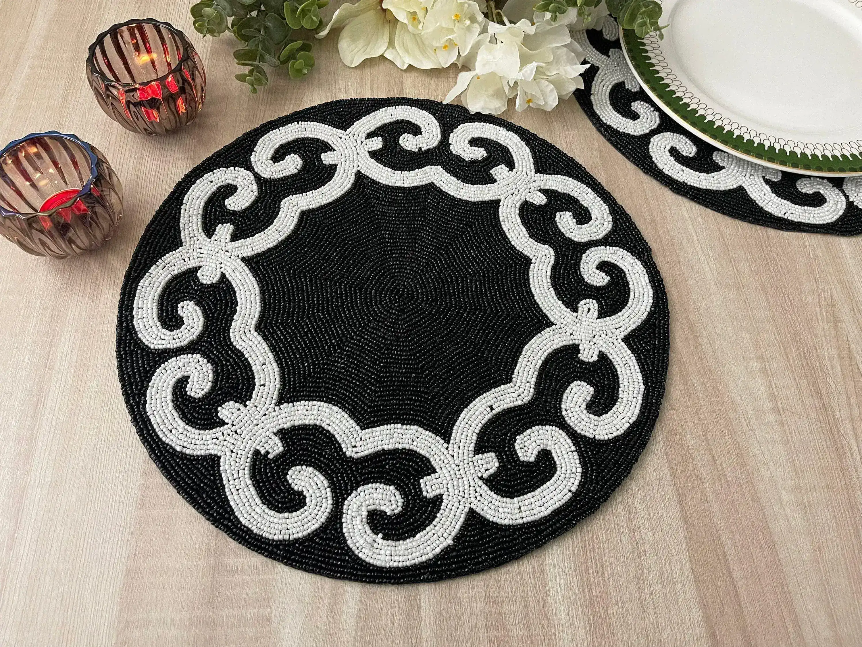 Tianna Black and White Beaded Round Placemat - Image 4