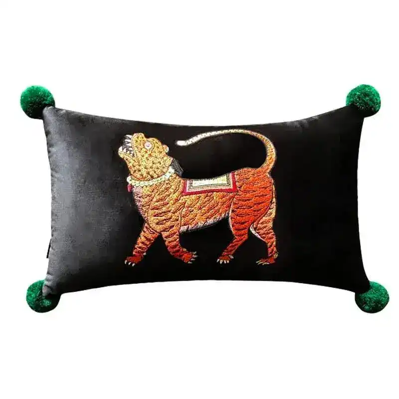 Tibetan Tiger Black Lumbar Pillow Cover with Pom Pom