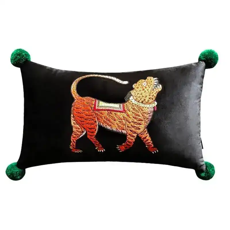 Tibetan Tiger Black Lumbar Pillow Cover with Pom Pom - Image 2