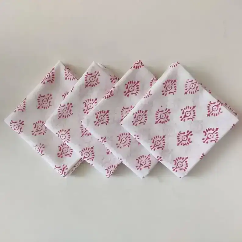Traditional Pink and White Hand Block Printed Cotton Napkins - Image 2