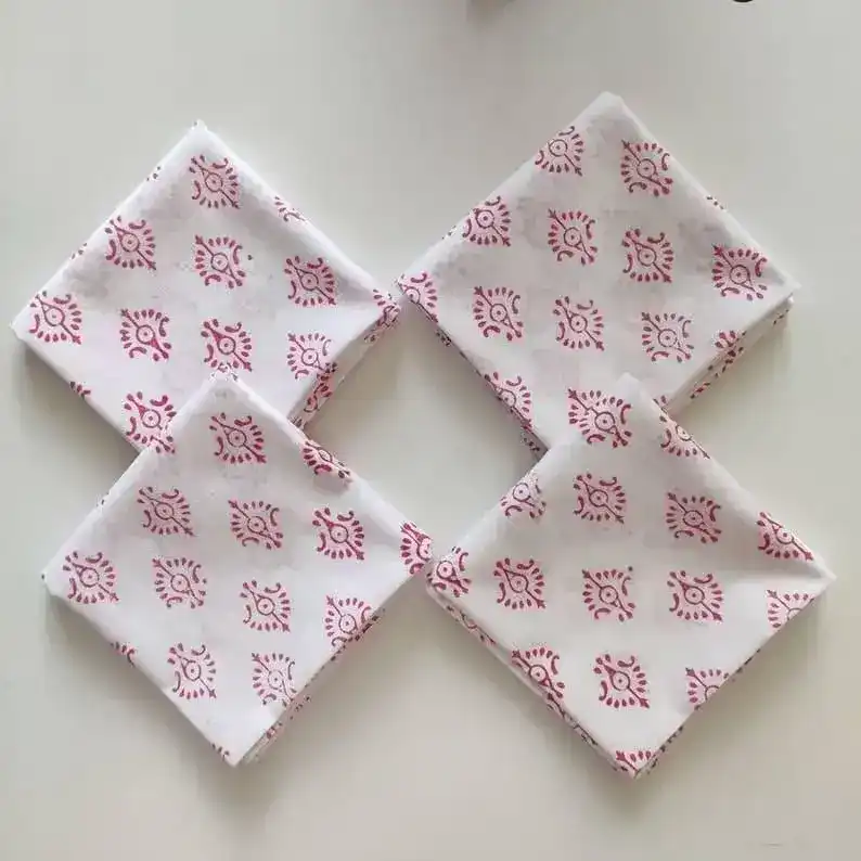 Traditional Pink and White Hand Block Printed Cotton Napkins - Image 3