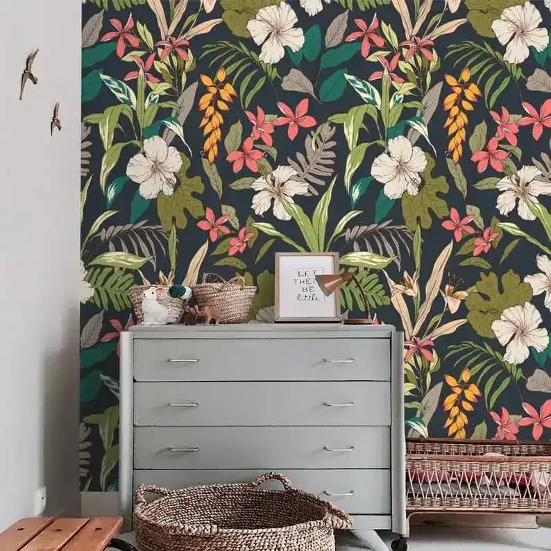 Tropical Bright Flowers and Leaves Textured Tropical Wallpaper - Image 6