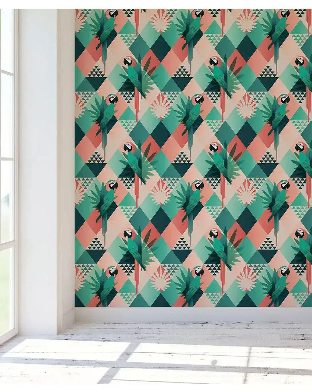 Tropical Mosaic Palm Leaves and Parrots Removable Wallpaper - Image 2