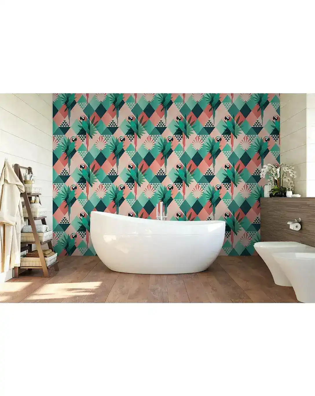 Tropical Mosaic Palm Leaves and Parrots Removable Wallpaper - Image 3