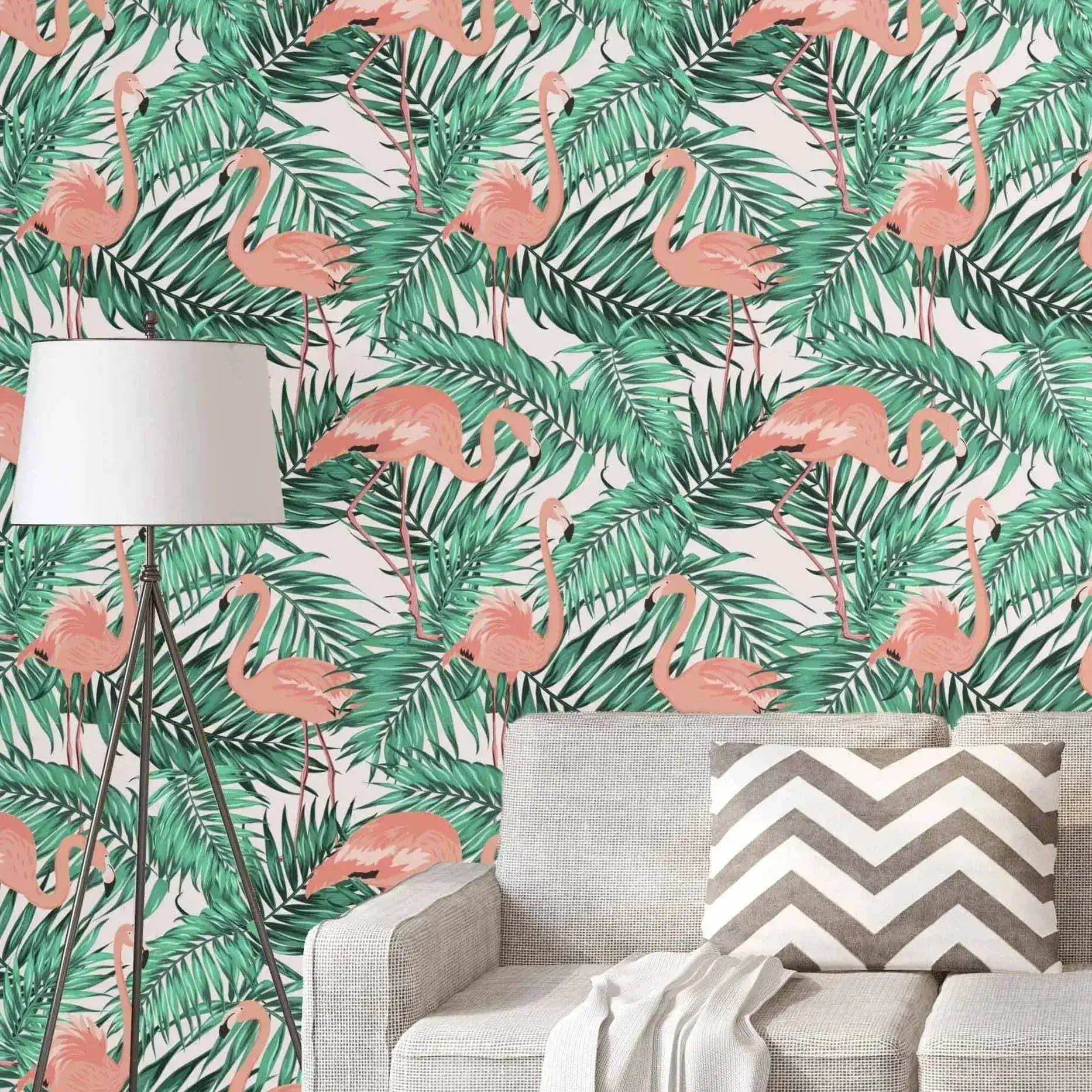 Tropical Palm Leaves Pink Flamingos Removable Wallpaper - Image 3