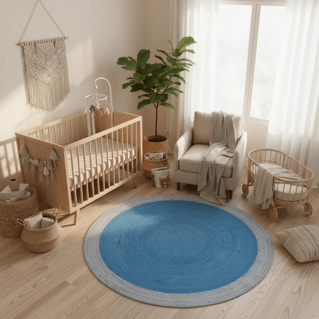 Two Toned Blue Round Jute Rug - Image 2