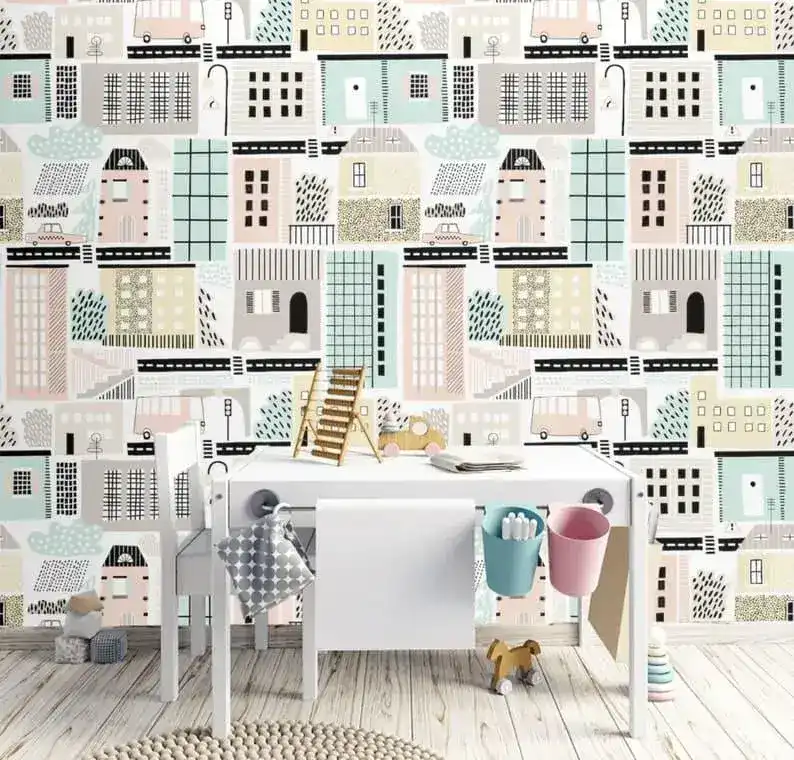 Urban City Houses Illustrated Wallpaper - Image 3