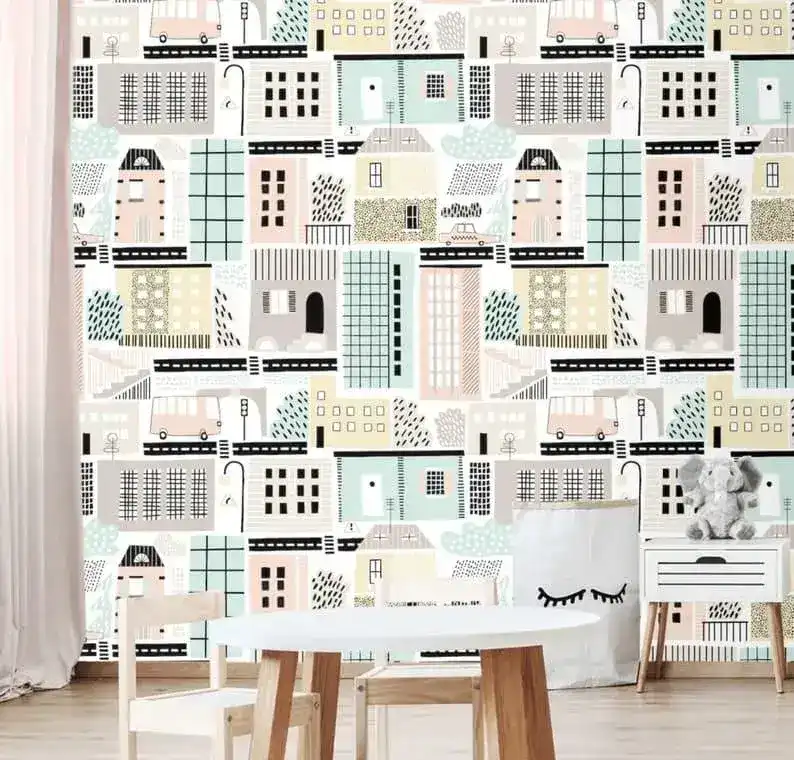 Urban City Houses Illustrated Wallpaper - Image 4