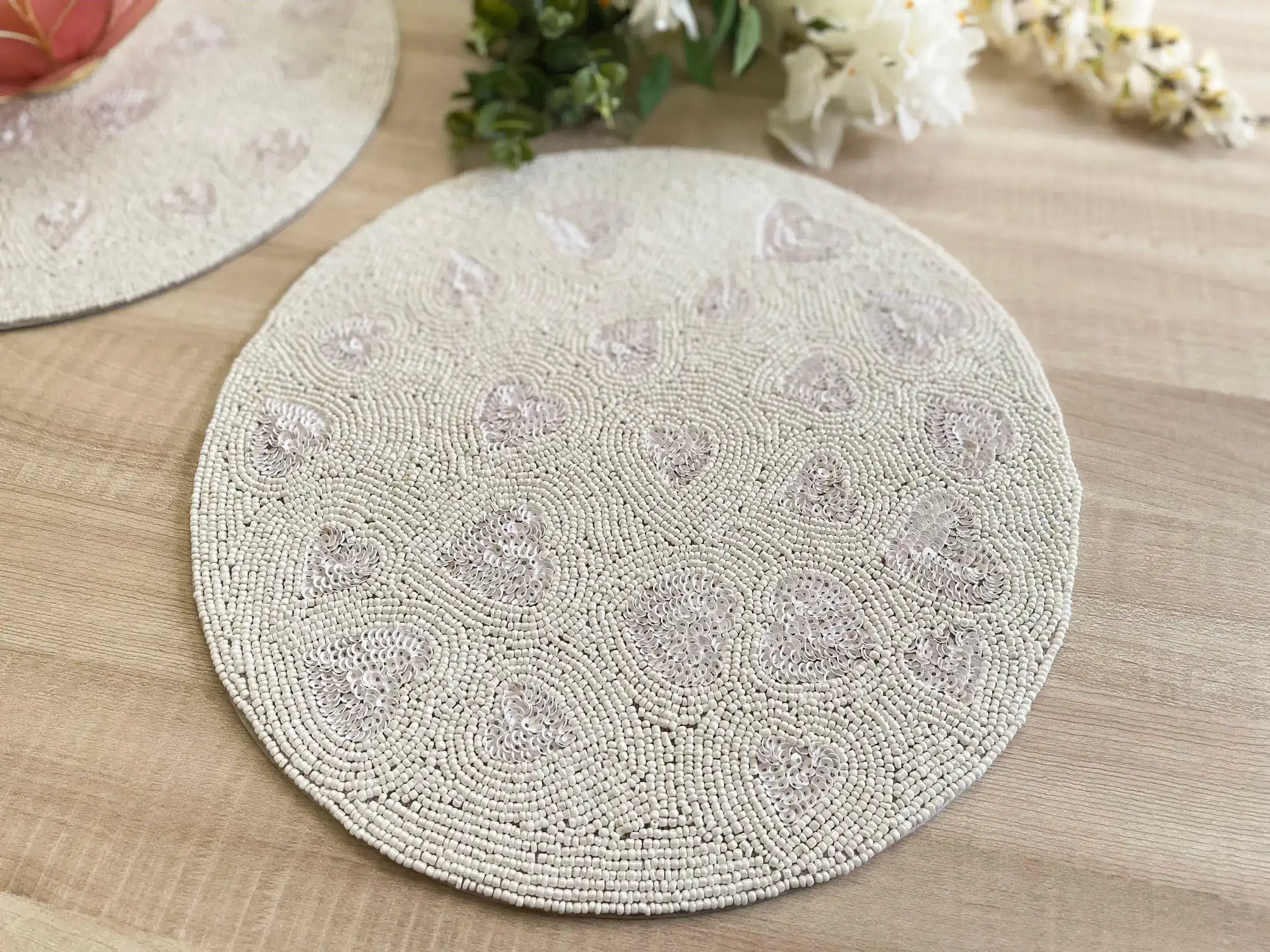 Valentine's Hearts Sequin and Bead Round Placemat - Image 3