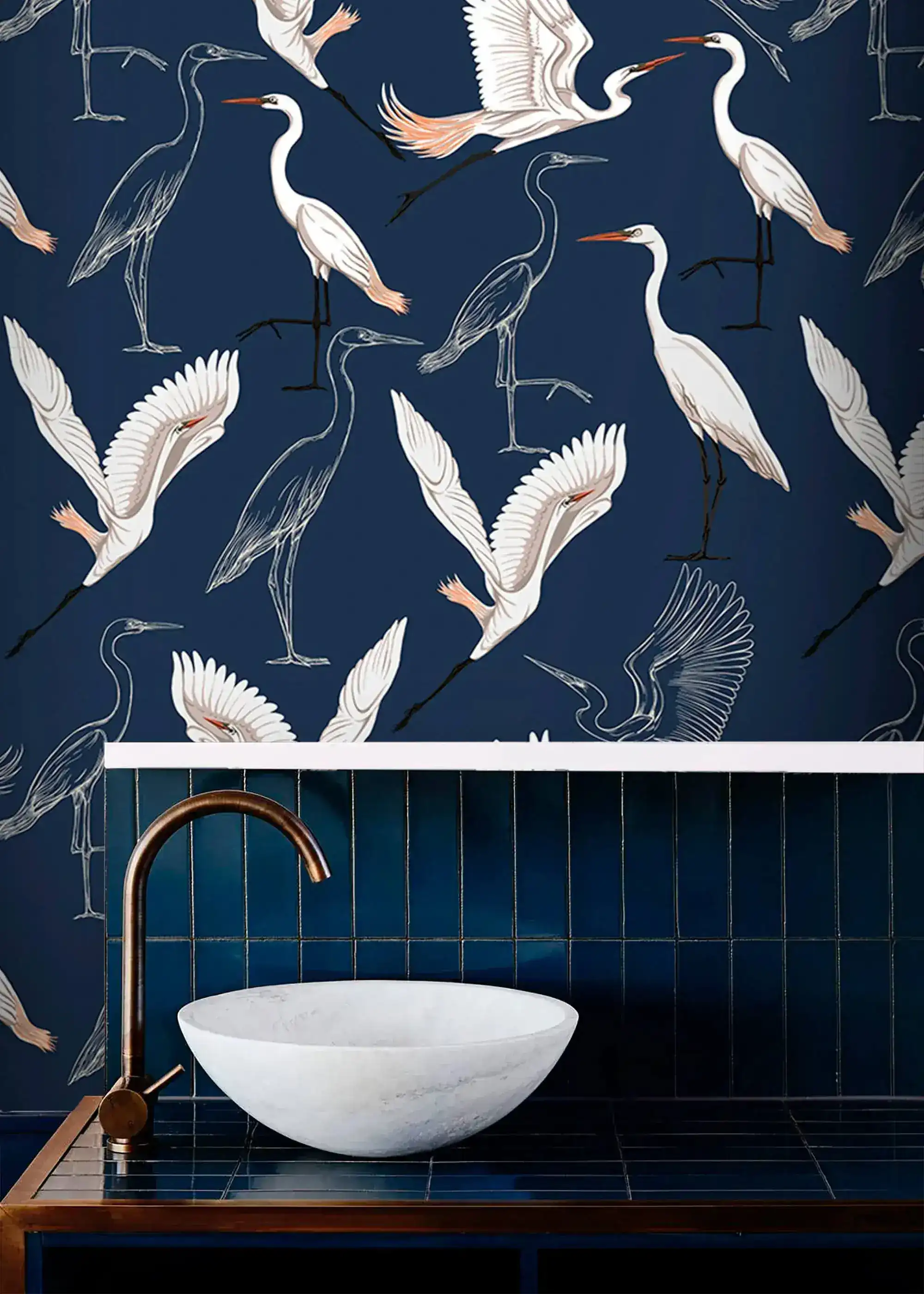 Vibrant Crane Silhouette Navy Wallpaper - Image 3